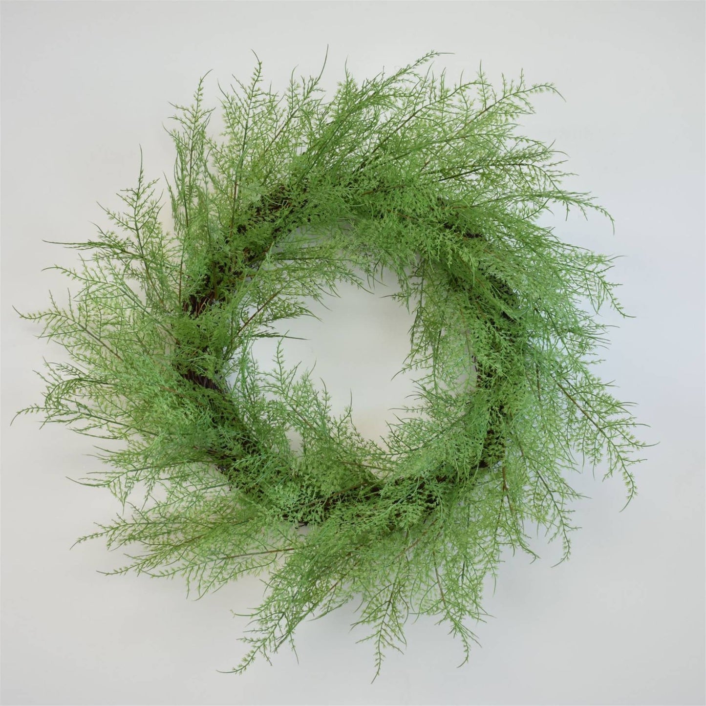 This is a 26” Asparagus Fern Wreath, crafted from fine, delicate fern-like leaves. It features a simple design suitable for any decor theme.