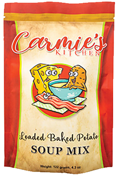 Loaded Baked Potato Soup Mix in red/yellow 4.3 oz (122 g) pack with cartoon cheese, potato, and a steaming soup bowl.