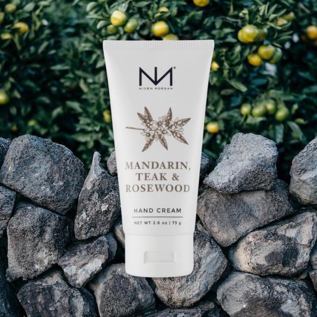 Mandarin, Teak &amp; Rosewood Travel Hand Cream tube shown; available in travel size. For moisturizing and softening hands.