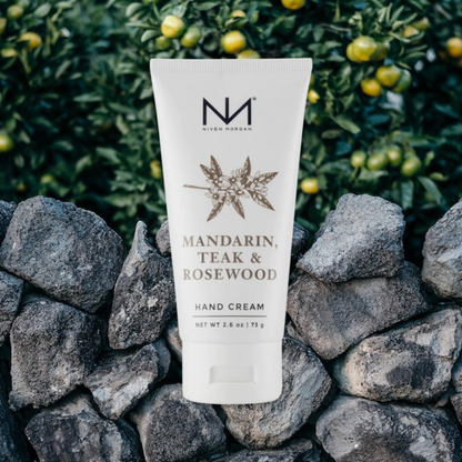 Mandarin, Teak & Rosewood Travel Hand Cream tube shown; available in travel size. For moisturizing and softening hands.