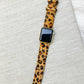 Brown leopard textured leather smartwatch band. Available sizes: 38mm, 40mm, 41mm, 42mm, 44mm, 45mm, and 49mm.