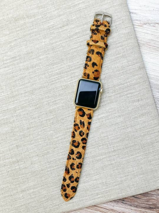 Brown leopard textured leather smartwatch band. Available sizes: 38mm, 40mm, 41mm, 42mm, 44mm, 45mm, and 49mm.