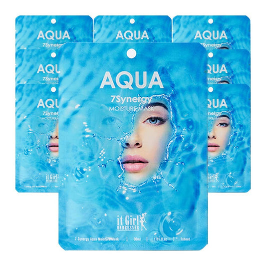 The product is the Aqua 7 Synergy Impact Mask. This package contains four identical mask units, each featuring the brand name "Aqua" and wording "75ynergy moisture mask" on the packaging. Notable packaging design includes a woman's face partially submerged in water. The masks are made in Korea.