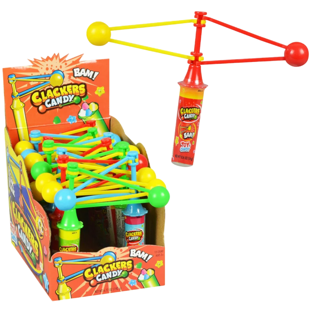 Clackers Candy: toy clacker with red and yellow plastic arms and balls, attached to fruity dextrose candy tube. Size: standard.
