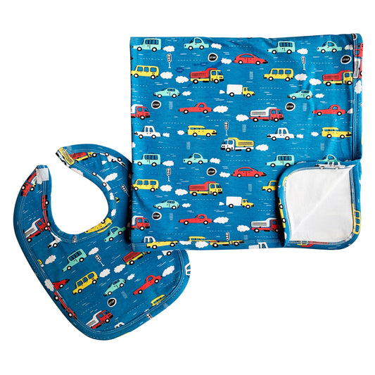 Blue cars and trucks patterned bib and blanket