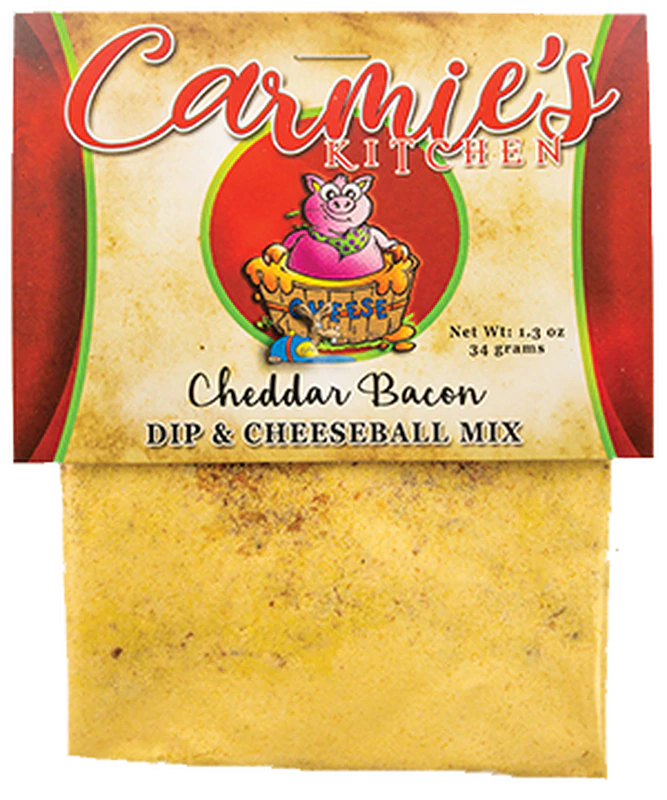 1.3 oz Cheddar Bacon Dip Mix packet with colorful label, cartoon mouse on cheese; available in 1.3 oz size.