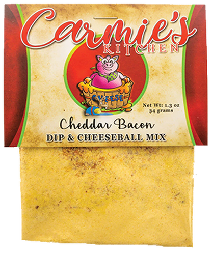 1.3 oz Cheddar Bacon Dip Mix packet with colorful label, cartoon mouse on cheese; available in 1.3 oz size.