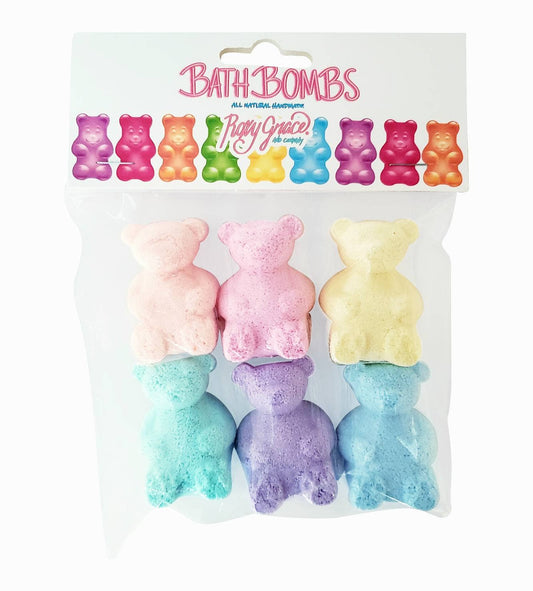 Package of six pastel Gummy Bear Bath Bombs—pink, yellow, blue, purple—with "Bath Bombs" label. Sizes available not shown.