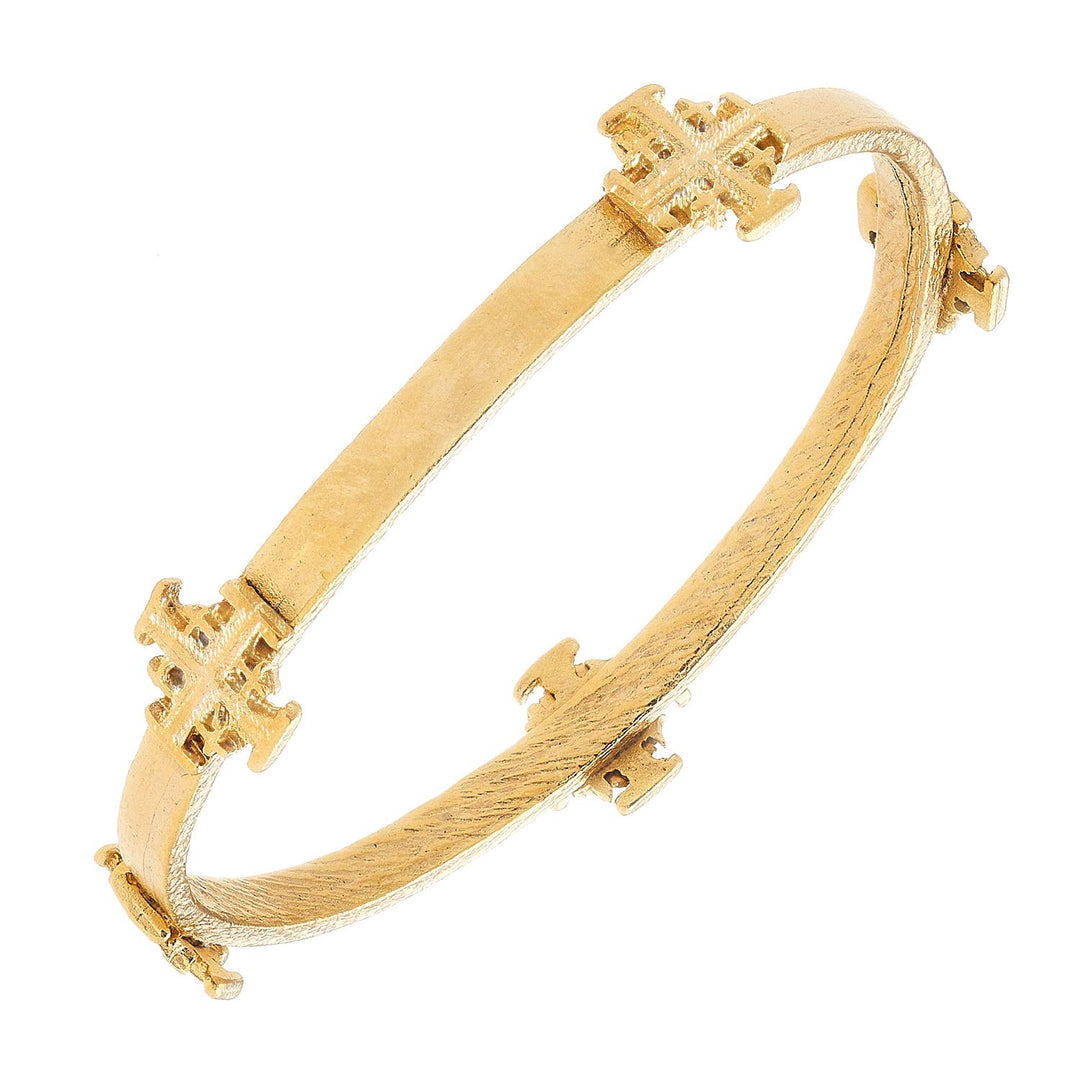 24K gold Jerusalem Cross Bangle with raised, symmetrical cross designs; available in small, medium, and large sizes.