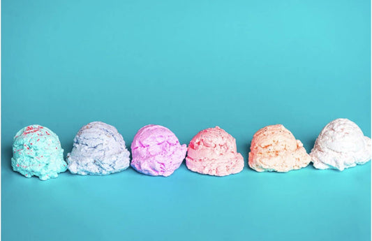 This product features five distinct BUBBLE SCOOPS of ice cream in various vibrant colors. Each scoop is carefully modeled with a realistic appearance and aligned systematically in a row. The backdrop is a soft turquoise for product emphasis. Available in one standard size.