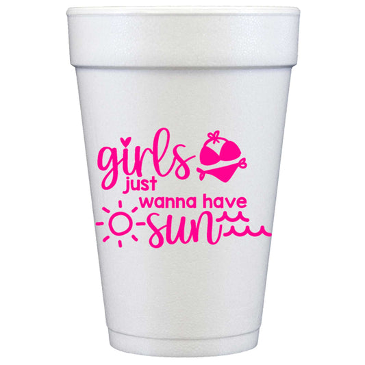 10-pack white Styrofoam cups, pink "girls just wanna have sun" text, sun/bikini/wave graphics. Available in 16 oz.