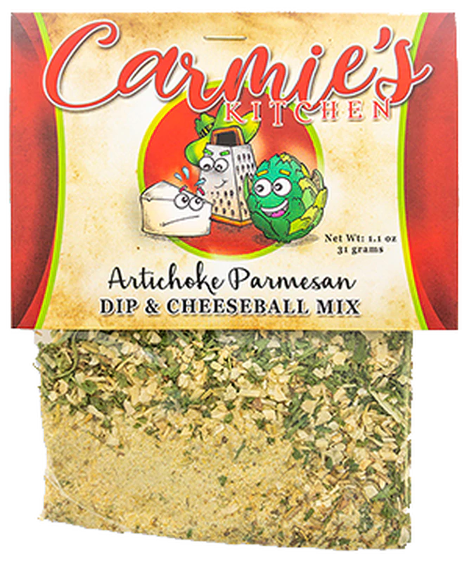 of the package reveals a slightly granulated white powder mix. This vibrant, easy-to-spot packaging contains 1.5oz (42g) of Artichoke Parmesan Dip Mix which is ready to mix and serve, promising a delightful and flavor-packed experience for your taste buds. Available in single packs only.