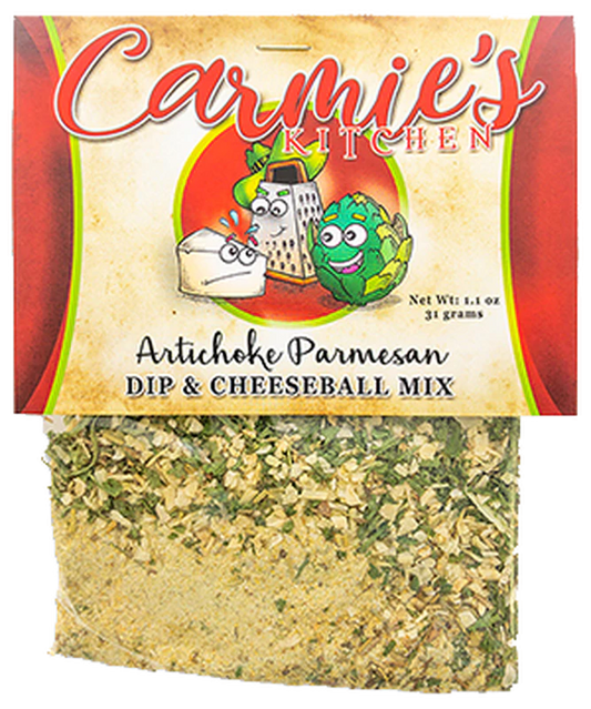 of the package reveals a slightly granulated white powder mix. This vibrant, easy-to-spot packaging contains 1.5oz (42g) of Artichoke Parmesan Dip Mix which is ready to mix and serve, promising a delightful and flavor-packed experience for your taste buds. Available in single packs only.