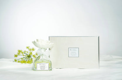Clear diffuser bottle with white ceramic flower cap and matching box. Available in standard and gift set sizes.