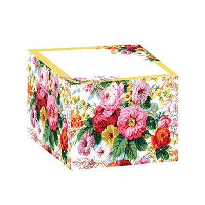 This Annalise Sticky Notepad Block is adorned with vibrant pink and red roses, other flowers, and green leaves on a white canvas. It showcases a distinctive yellow decorative edge for an elegant touch. Perfect for any stationery enthusiast.