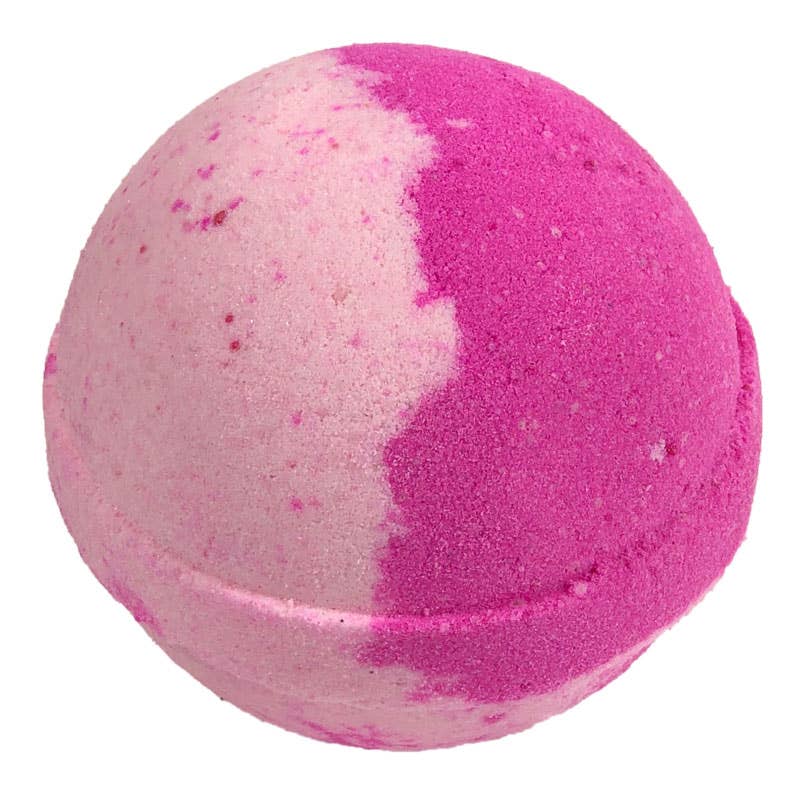 The product is a pink and white Pear Raspberry bath bomb that boasts a tart, textured surface. The bath bomb is handmade with fruited essences, offering an enchanting aroma. Its unique design enhances the functionality by providing a slow-release fizz in bathtub water for an extended relaxing experience. Currently available in one standard size suitable for all types of bathtubs.