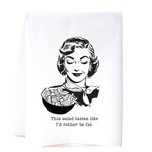 Absorbent white flour sack towel with black text, playful salad design. Available in 28"x28".