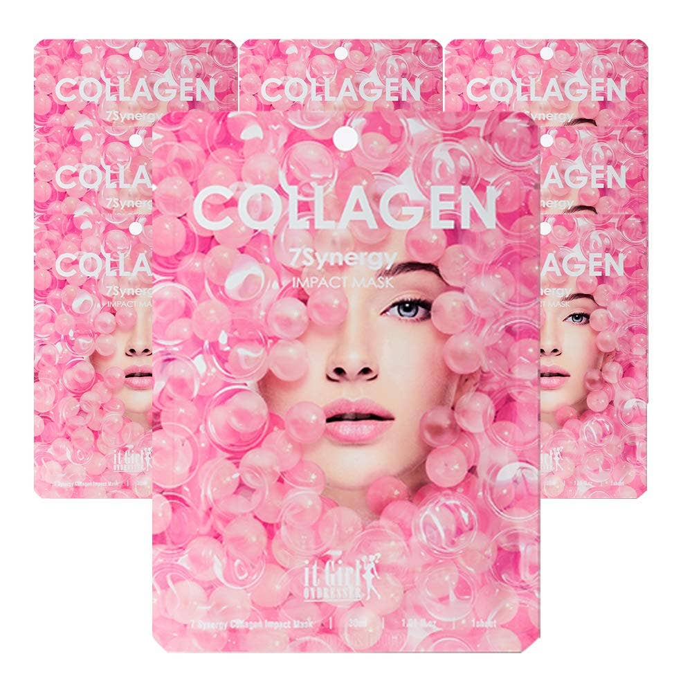 The product is a set of three Collagen 7 Synergy Impact Mask packages. Each package showcases a design of a woman's face encircled by pink collagen bubbles, indicating its function. These Korean-made facial masks are designed to nourish the skin with collagen. The standard size fits most adults.