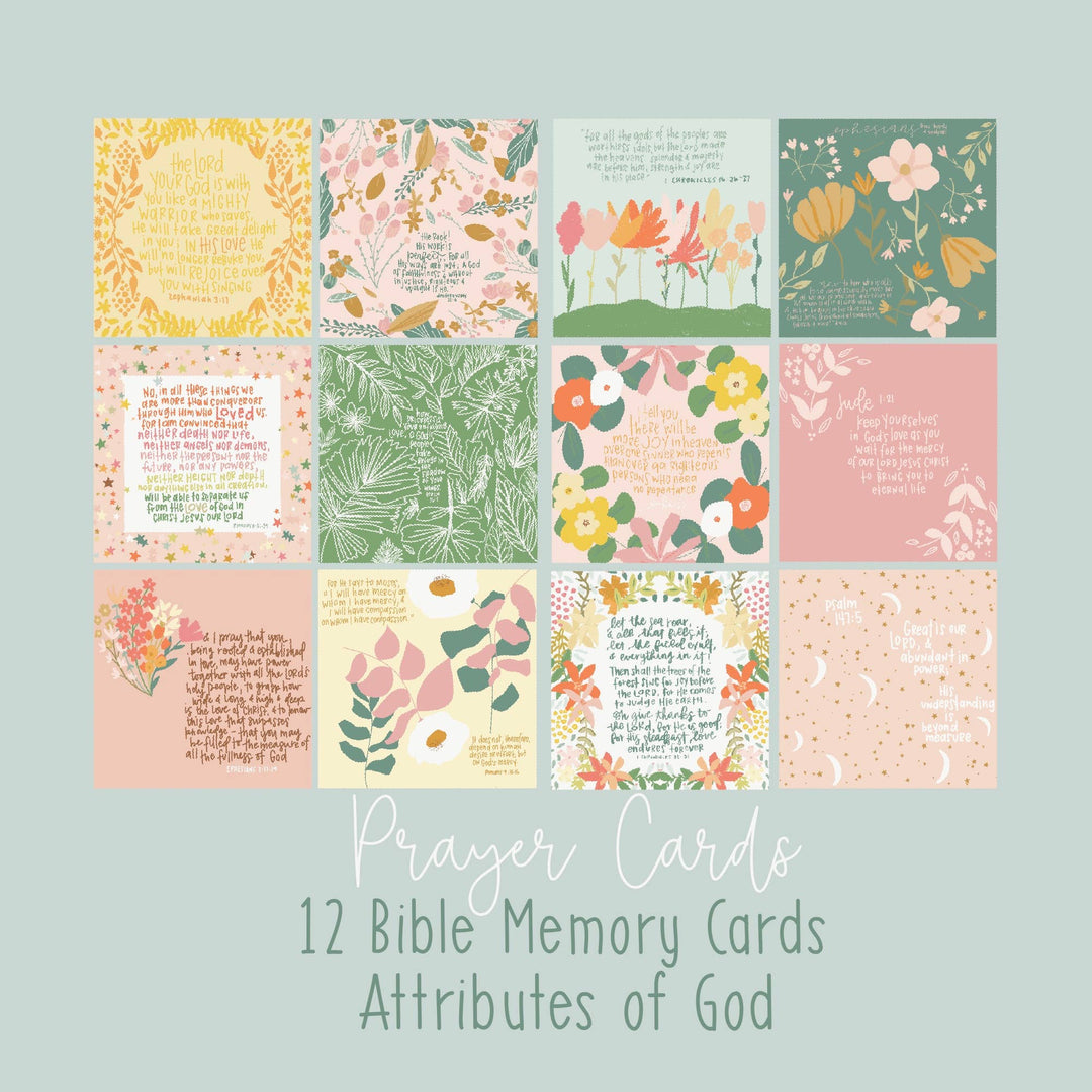 Set of 12 colorful, floral-themed scripture cards with hand-drawn designs and text, available in multiple sizes.