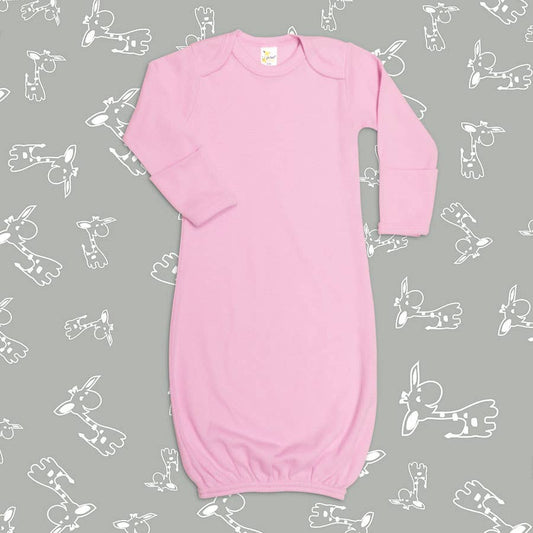 Pink long sleeve sleeping gown with fold over mittens and elastic opening at the bottom