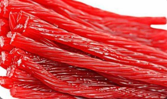 Gourmet Licorice Cherry Thick Cut sticks, bright red, classic shape. Available in 1/2 pound bag.