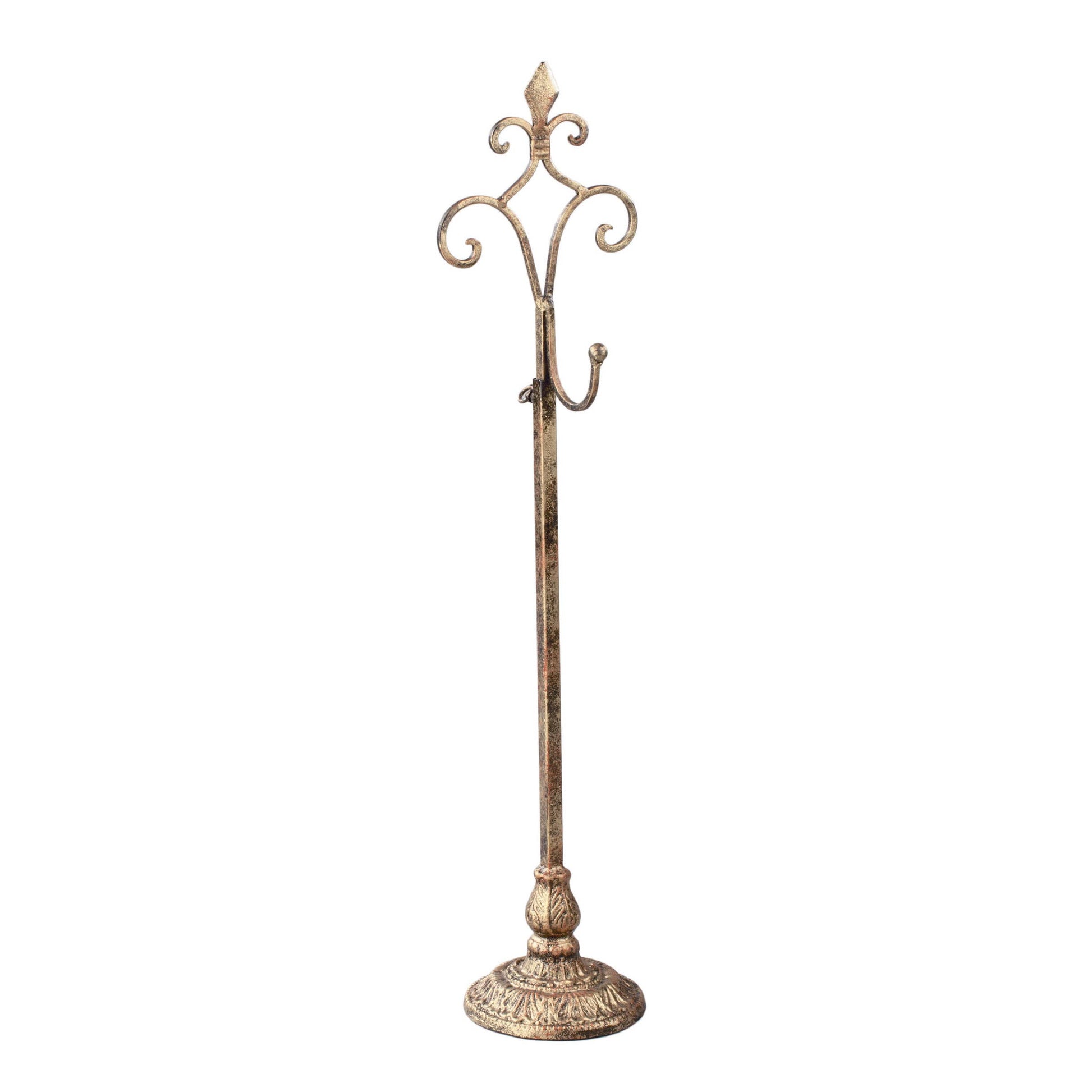 This Adjustable Wreath & Purse Stand presents an elegant and stylish design. It boasts decorative flourishes at the top, featuring three curved hooks and a detailed base. The stand is versatile with an adjustable feature for different heights. Colored in a tasteful shade, it offers functionality without compromising style. This product stands alone and does not include any additional accessories or products.
