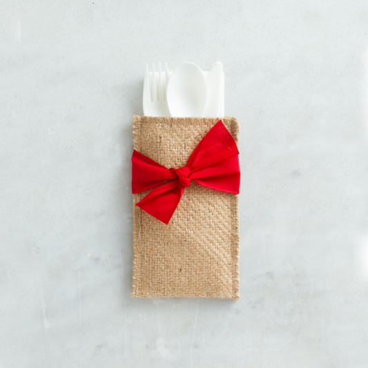 Set of 8 woven jute pouches tied with red bows, each fits a white plastic fork and spoon. Sizes available: standard cutlery size.