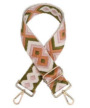 Olive and Peach Woven "Guitar" Bag Strap with pink, green, beige diamond pattern, gold hardware, adjustable, detachable. Sizes vary.