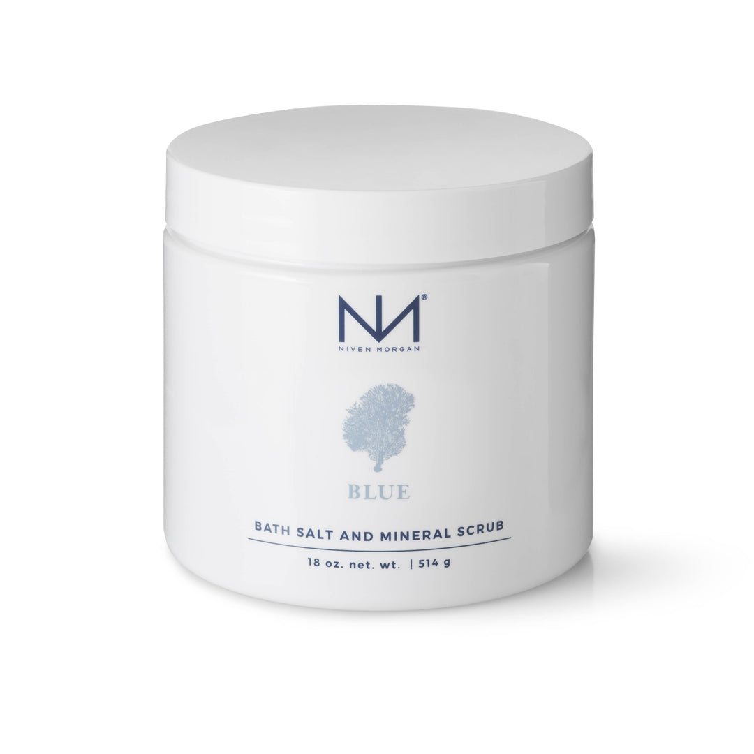 White jar of Blue Bath Salt &amp; Mineral Scrub, 18 oz (514 g), with minimalist label; made with Dead Sea salt.