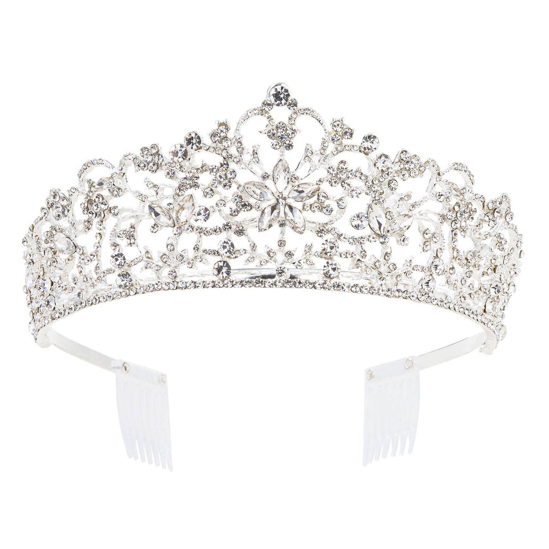 Silver-clear tiara with floral designs, clear rhinestones, side combs for secure fit. Sizes available: S, M, L.