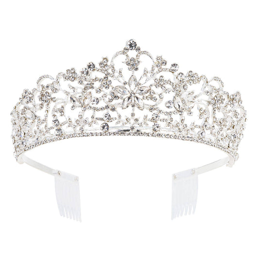 Silver-clear tiara with floral designs, clear rhinestones, side combs for secure fit. Sizes available: S, M, L.