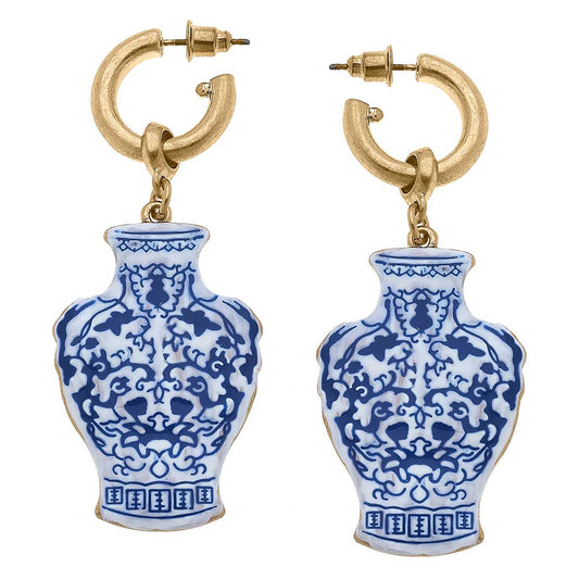 Blue and white enamel temple jar earrings with gold hoops; dangling vase charms. Available in small and large sizes.