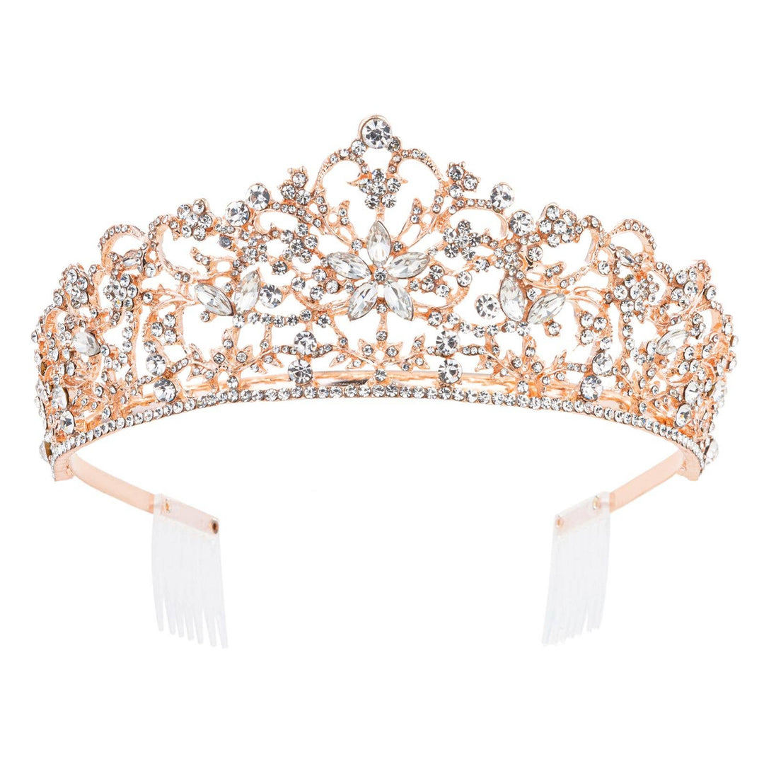 Rose gold rhinestone tiara with floral and leaf design, secure combs at ends. Available in small, medium, and large sizes.