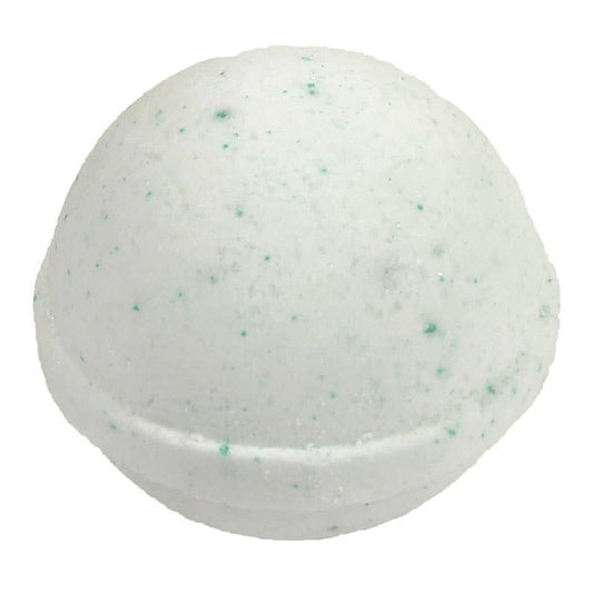 This is a white Eucalyptus Bath Bomb. It features small, visible eucalyptus specks embedded for added aroma and texture. The bath bomb is solely available in a standard size of 2.5 inches (6.35 cm) in diameter and displayed on an isolated white background.
