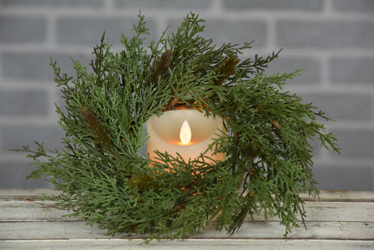Rustic Cedar Candle Ring with green pine branches, 4.5in size. Available in additional sizes.