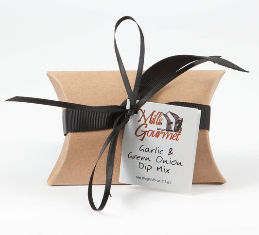 Small brown pillow box with black ribbon and "Garlic & Green Onion Dip Mix" tag. Available in multiple sizes.