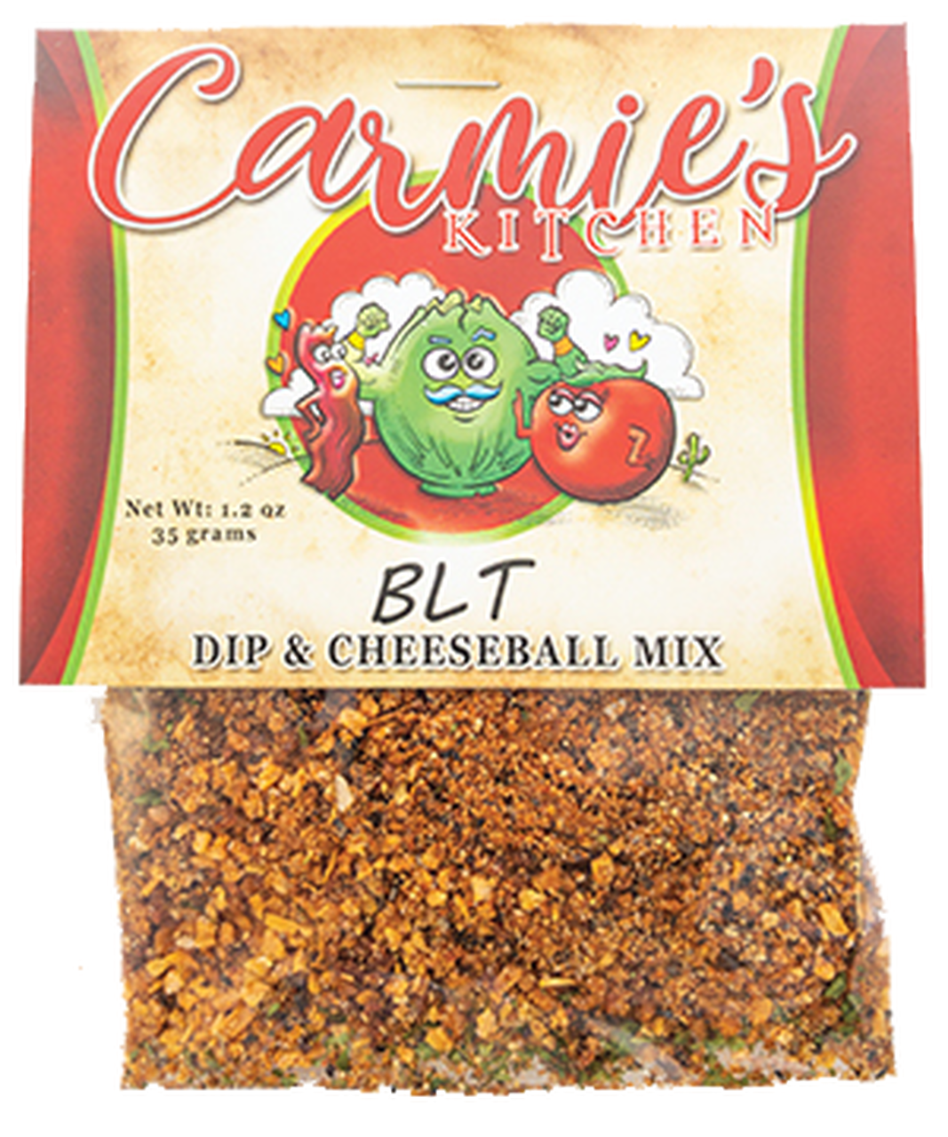 BLT Dip Mix packet, cartoon veggies on label, clear window shows blend. Available in 1 oz and 3 oz sizes.
