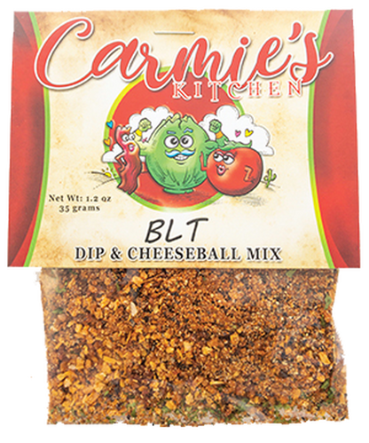BLT Dip Mix packet, cartoon veggies on label, clear window shows blend. Available in 1 oz and 3 oz sizes.
