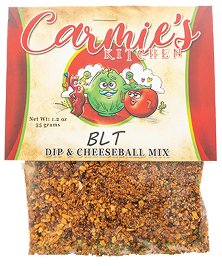 BLT Dip Mix packet, cartoon veggies on label, clear window shows blend. Available in 1 oz and 3 oz sizes.