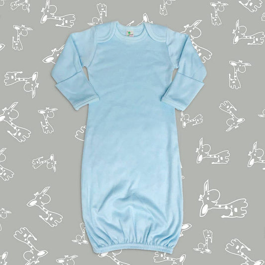 Blue long sleeve sleeping gown with fold over mittons and elastic on bottom opening