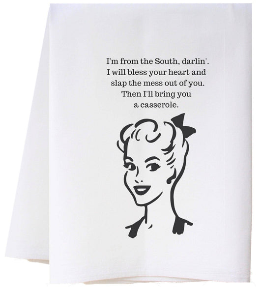 I'm From the South Flour Sack Towel," white, soft, luxury; features phrase: "I'm from the South, darlin'..."; available in standard size.