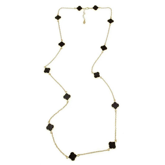 Gold chain necklace with evenly spaced black quatrefoil charms, delicate clasp, adjustable length. Sizes available.