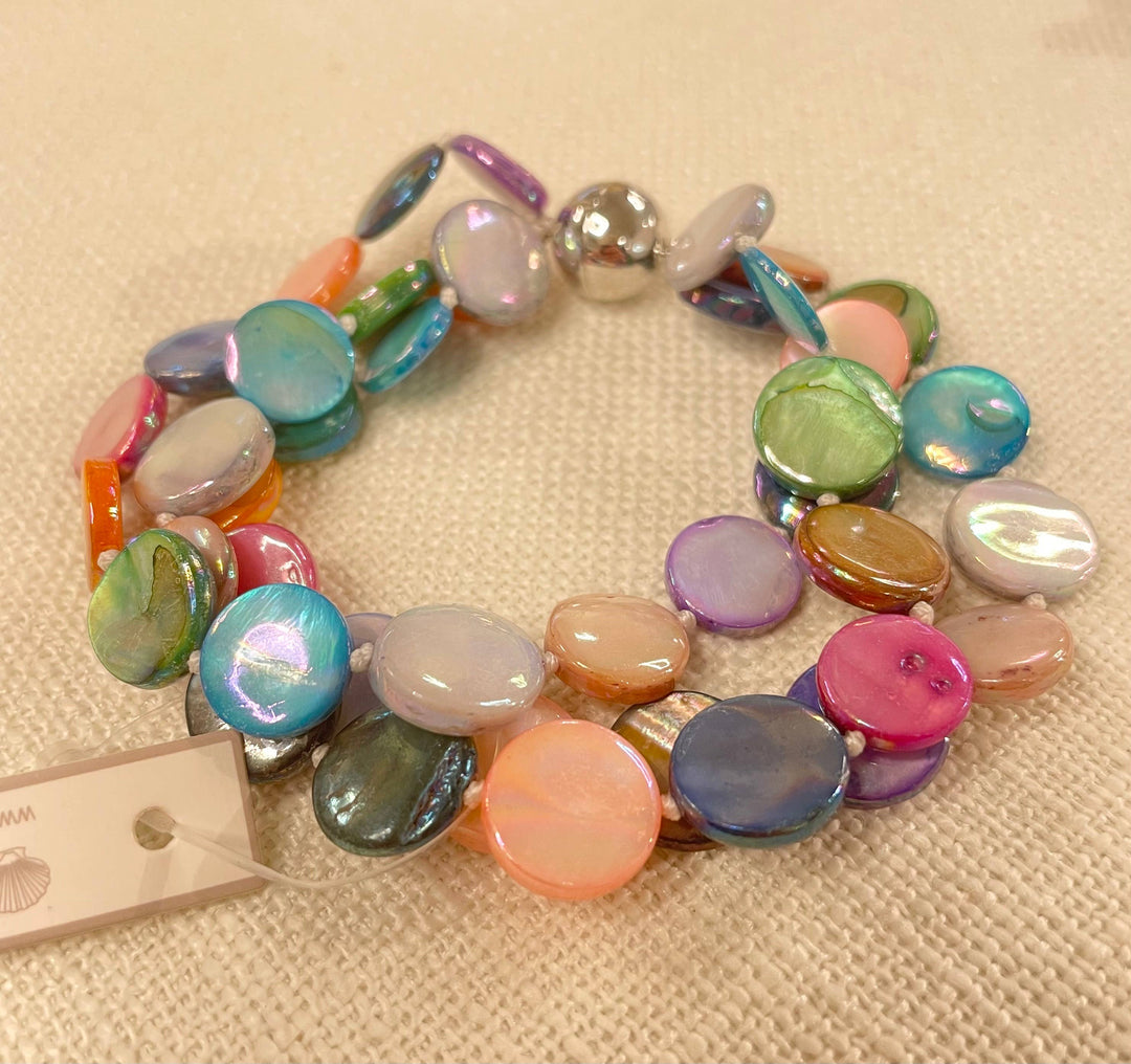 Mother of Pearl Bracelet with round iridescent pastel and vibrant beads. Available in small, medium, and large sizes.