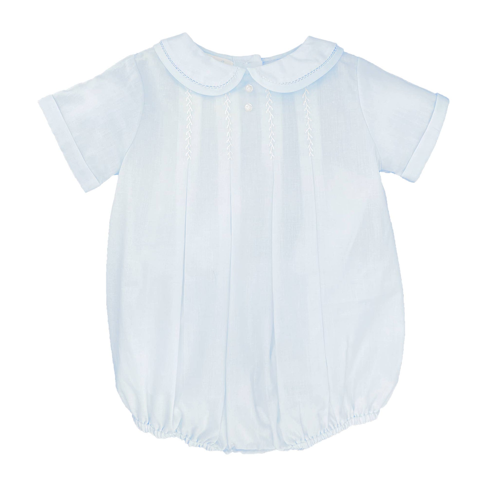 A light blue classic romper for baby boys with short sleeves, a round collar, and delicate vertical hand feather stitching, displayed against a white background.