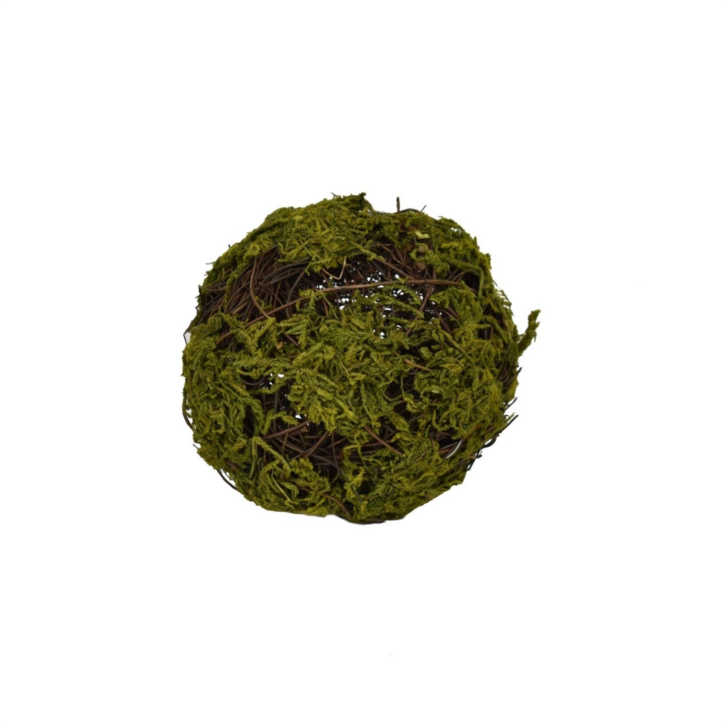 This product is an empty bird's nest made from Angel Vine and covered in lush green moss. The nest has a diameter of 4". Viewed from above, it appears as a beautiful orb against any background.