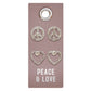 Four silver earrings: two peace sign studs, two heart-shaped studs. Sizes available: small and medium.