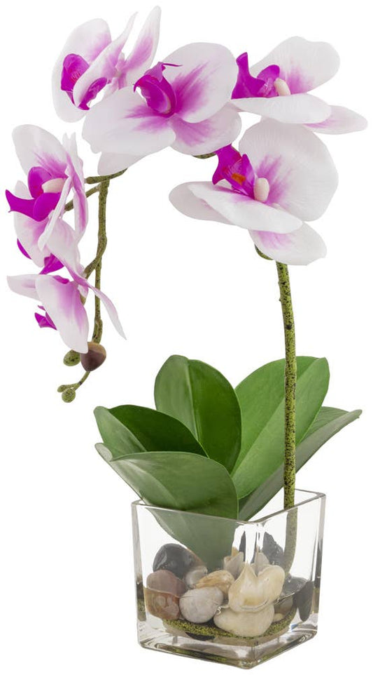 The product is a 21" tall decorative accent featuring a pink and white orchid with green leaves. The orchid is arranged in a clear glass pot filled with stones and pebbles.