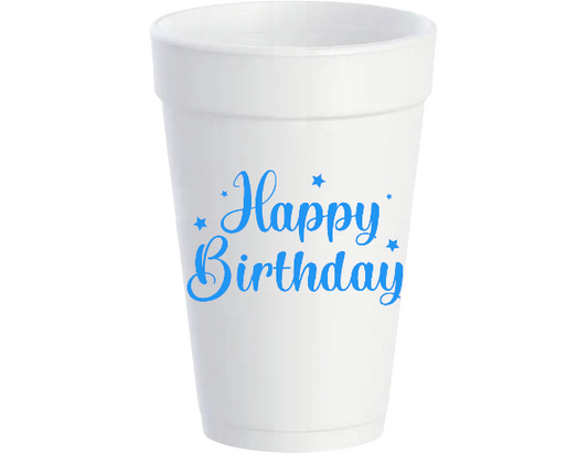 16oz white Styrofoam cups with “Happy Birthday” in blue cursive and small blue stars. Available in 16oz size.