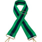 Green and Navy "Guitar" Bag Strap with wide, adjustable striped webbing, gold-tone clasps. Sizes: 35"-55".