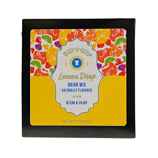 Lemon Drop Minis 5 oz (142g) kosher drink mix in a square pack with fruit pattern and yellow label.